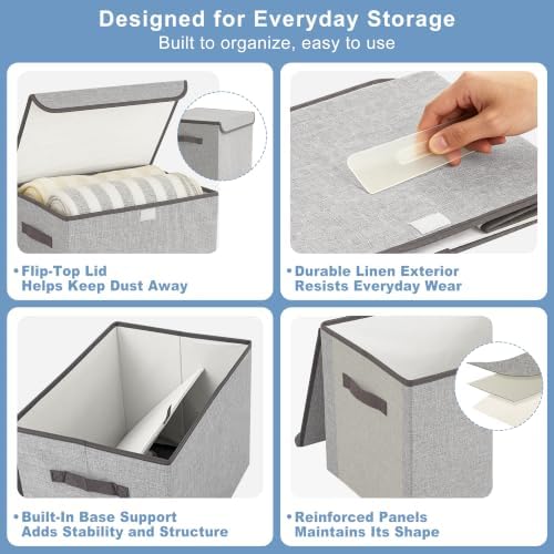 Bagnizer Linen Fabric Foldable Storage Cube Bin Organizer Basket with Flip-Top Lid & Handles, Large Clothes Blanket Box for Home, Office, Closet, Light Gray, 4 Pack 14.6 x 9.5 x 9.5” - Image 6