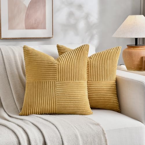 Fancy Homi 2 Packs Mustard Yellow Samll Decorative Throw Pillow Covers 14x14 Inch with for Couch Bed Sofa, Rustic Farmhouse Boho Home Decor, Soft Corss Patchwork Corduroy Square Cushion Case 35x35 cm - Image 5