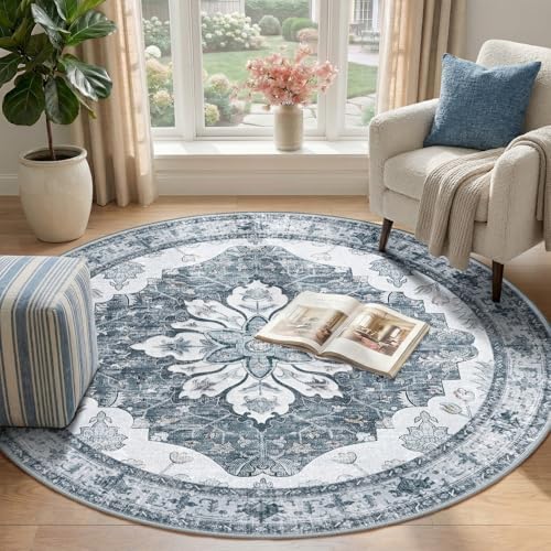 RELEANY Washable Area Rug, Round 4ft, Grey/White/Beige - Image 2