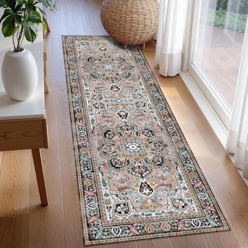 Washable Area Rug 2'6'' x 8' Vintage Traditional Persian Mat - Foldable Distressed Non-Slip Machine Washable Carpet for Living Room Bedroom Kitchen Home Decor - Slate and Multicolor - Image 3
