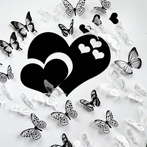 3D Crystal Butterfly and Acrylic Mirror Hearts Wall Stickers with Adhesive Art Decal Satin Paper Baby Kids Bedroom Home DIY Decor Removable Stickers (36 Butterfly and Black Heart) - Image 3