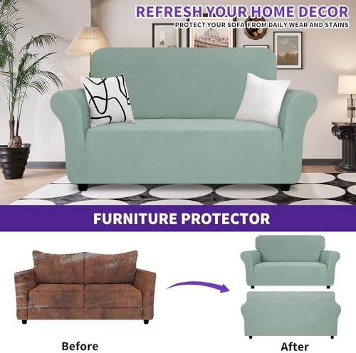 ZNSAYOTX Super Stretch Loveseat Covers (57"-70"), New Striped Love Seat Slipcover, Dogs Pet Friendly Anti-Slip Couch Protector Spandex Durable 2 Seater Fabric Sofa Cover (Pea Green, Loveseat) - Image 2