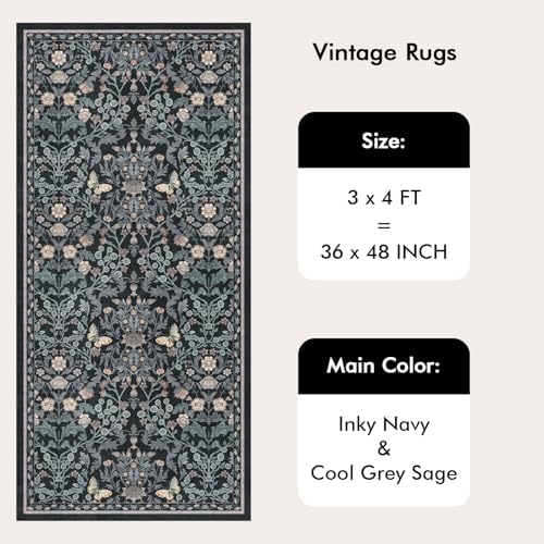 Puino 3x7 Washable Runner Rug - Non Slip Small Rugs Floral Dark Blue - Image 2