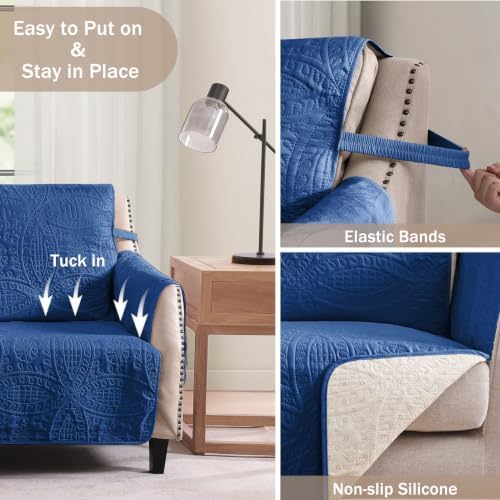 Blue Sofa Covers with Pockets, Anti-Slip Medallion Couch Covers for 3 Cushion Couch Sofa, Couch Cover for Dogs Water-Repellent Machine Washable (Large Sofa 68", Blue) - Image 5