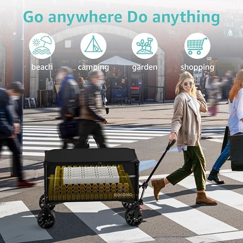 ROSONG Collapsible Wagon Cart with Wheels Foldable - Folding Utility Heavy Duty Wagons Carts for Grocery Sports Garden Shopping Camping Wheelbarrows (Black with Cover, 120L) - Image 2
