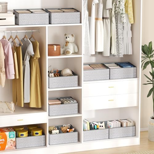 DIMJ Large Closet Shelf Organizer Bins 6 Packs with Handles and Divider, Fabric Trapezoid Storage Baskets, Foldable Clothes Containers Box for Shelf, Towel, Book, Toy, Purse, Hats, Grey - Image 6