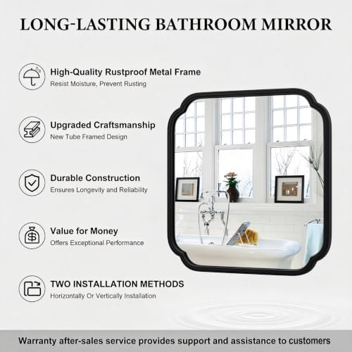 Ferytange 24 x 24 Inch Matte Black Metal Framed Bathroom Vanity Mirror, Rounded Rectangle Wall Mirror, Shatterproof HD Float Glass for Bedroom Living Room Horizontal/Vertical - Image 5