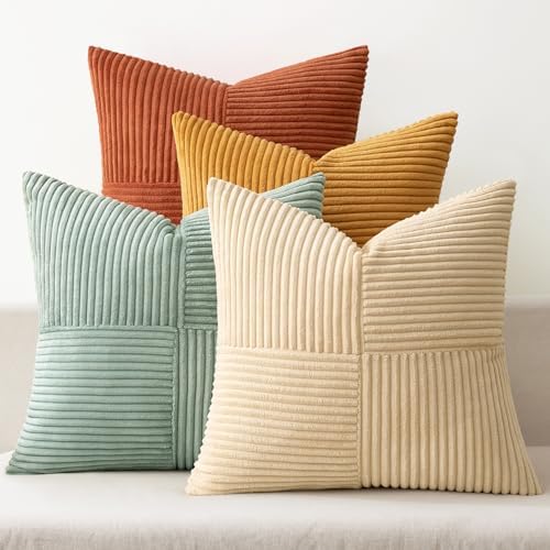 MIULEE Fall Teal-Orange Decorative Throw Pillow Covers 16x16 Inch Set of 4 Boho Corduroy Striped Cushion Cases Modern Farmhouse Patchwork Pillow Cases for Couch Sofa Bedroom Home Decor by MIULEE