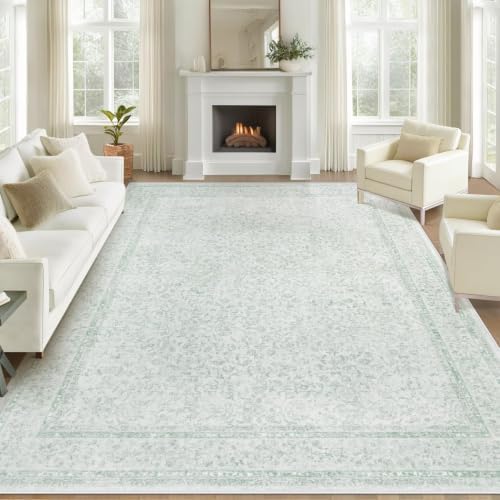 8x10 Area Rugs for Living Room: Washable Large Vintage Floral Rug Low Pile Non-Slip Boho Carpet for Bedroom Home Office Dining Room (Green, 8'x10') by LOSBULAKE