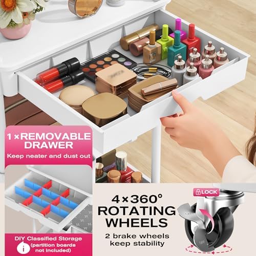 Goovilla Rolling Makeup Organizer Cart with Removable Drawer, 3 Tier White - Image 3