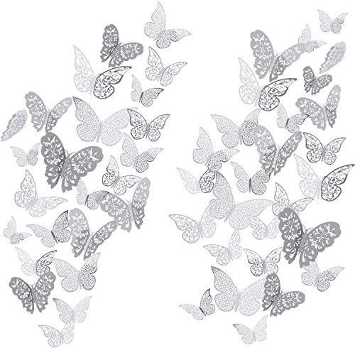 Bememo 72 Pcs 3D Butterfly Wall Decals, 3 Sizes,Silver | Metallic Hollow Design for Bedroom Living Room, Removable Adhesive Wall Decor, Easy Peel Stick Party Decoration Stickers by Bememo