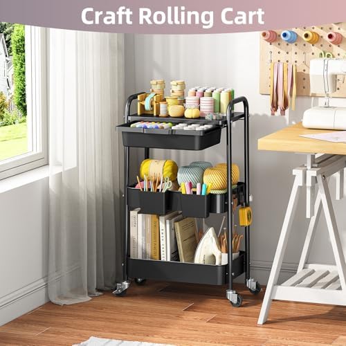 KINGRACK 3 Tier Metal Rolling Cart with Drawer, Black Utility Storage Cart | 2 Cups & 4 Hooks, Lockable Wheels, Trolley Organizer for Bathroom, Kitchen, Office, Nursery, Dorm, Laundry, Craft Room - Image 7