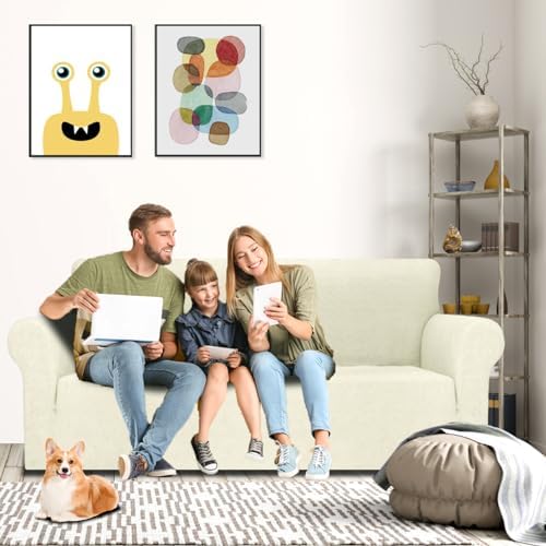 MAXIJIN Couch Covers for 3 Cushion Couch Sofa (71"-91"), 1-Piece Stretch Sofa Cover Slipcover Furniture Protector with Elastic Bottom for Kids,Dogs (Large, Diamond Pattern Beige) - Image 2