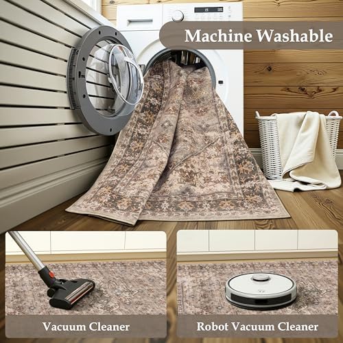 Washable 2'6x12 Entryway Runner Rugs, Vintage Non-Slip Low Pile Rugs Brown - Image 5