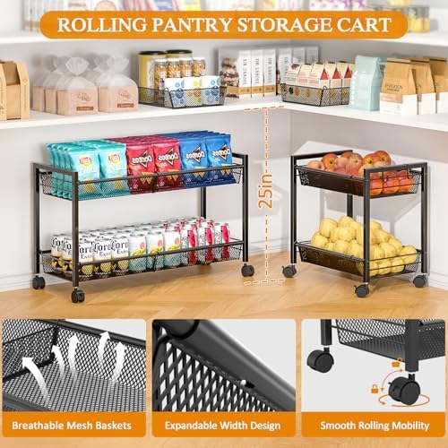 3IngSeagulls 2-Tier Expandable Rolling Pantry Floor Organizer, Stackable Pantry Storage Cart with Wheels, Kitchen Fruit and Vegetable Storage Rack for Onion, Potato, Food, Snacks - Image 4