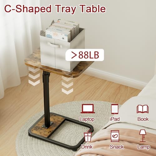 GOYLSER C-Shaped Tables Small Swivel End Table, Height Adjustable Side Tables Living Room, Rotating Snack Couch Wooden Tv Trays for Eating On Couch, Rustic Brown - Image 4
