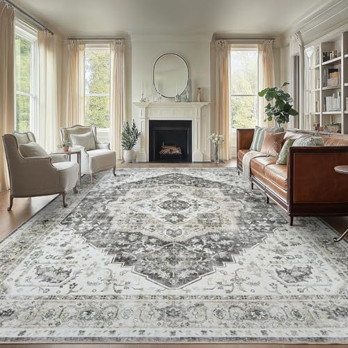AMADA HOMEFURNISHING 9x12 Area Rug, Washable Low-Profile Large Area Rug with Non-Slip Backing & Durable Edge Binding, Vintage Large Rugs for Living Room, Bedroom by AMADAHOMEFURNISHING