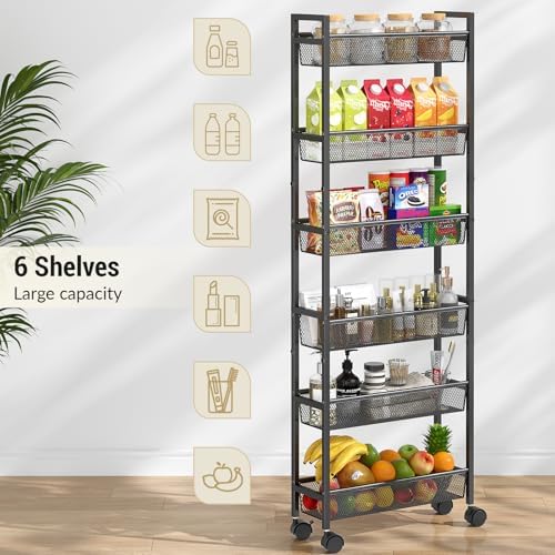 ThreeHio 6 Tier Slim Storage Cart, Narrow Cart with Wheels, Metal Mobile Shelving Unit Organizer for Kitchen, Bathroom, Laundry Room, Living Room & Narrow Spaces, Black, 6in(W) - Image 5