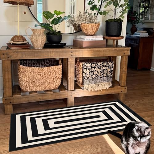 Front Door Mat Indoor Entrance 2x4.3 Modern Black White Striped Rug - Image 7