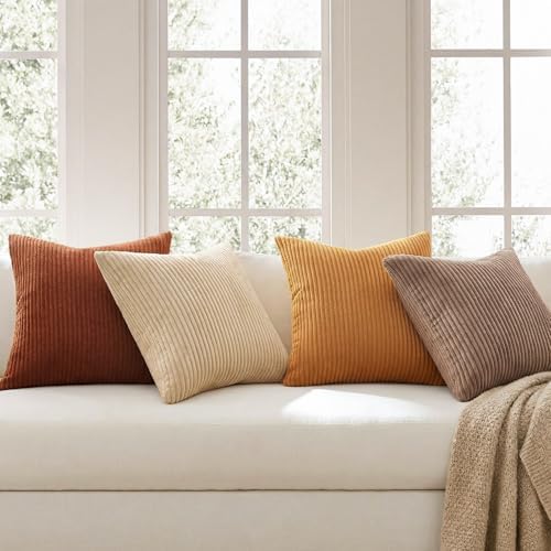 Topfinel Yellow Brown Gradient Rustic Pillow Case Boho Throw Pillow Covers 22x22 Inch Set of 4 Soft Farmhouse Corduroy Striped Decorative Cushion Cover for Sofa Couch Living Room Bedroom - Image 3