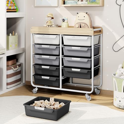 10 Drawer Rolling Storage Cart with Wood Top for Classroom Crafts Grey - Image 2