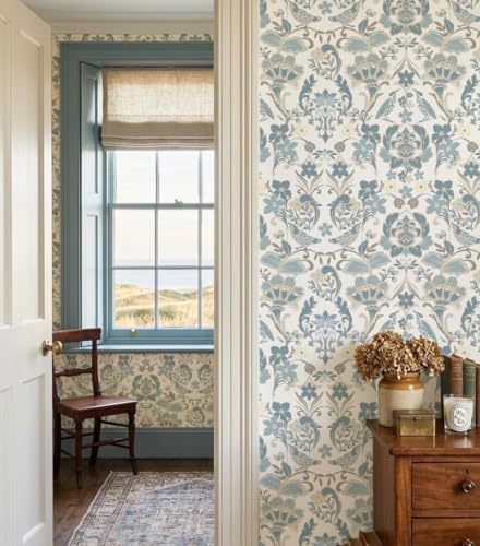 Vintage Peel and Stick Wallpaper, Light Blue Beige Traditional Damask Floral Removable Wallpaper for Bedroom Closet Accent Wall, Farmhouse Cottage Home Decor (Soft Blue, 17.3"x236.22") - Image 3