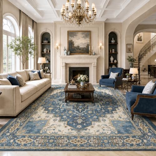 AMADA HOMEFURNISHING 8x10 Area Rug for Living Room, Vintage Washable Area Rug Low-Pile & Non-Slip Carpet for Bedroom Dining Room Nursery Home Office, Navy Blue/Beige - Image 2