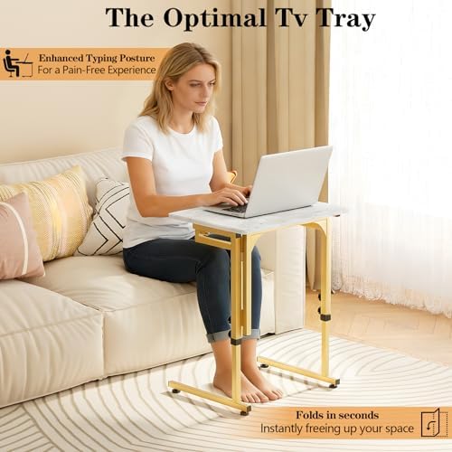 Folding tv Tray Dinner Snack Table,6 Height Adjustable Slide Under Couch Side Table, Portable Small Foldable C-Shaped End Table for Eating with Sturdy MDF Top,No Assembly(White Marble+Gold) - Image 3