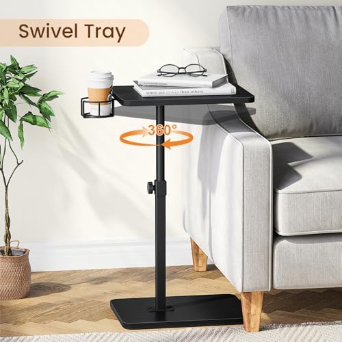 Giikin Side Table, 360 Swivel & Height Adjustable TV Trays for Eating on Couch, Sofa Armrest TV Tray Table with Cup Holder for Small Spaces, C-Shaped, Black, 11.8" D x 15.8" W x 31" H - Image 5