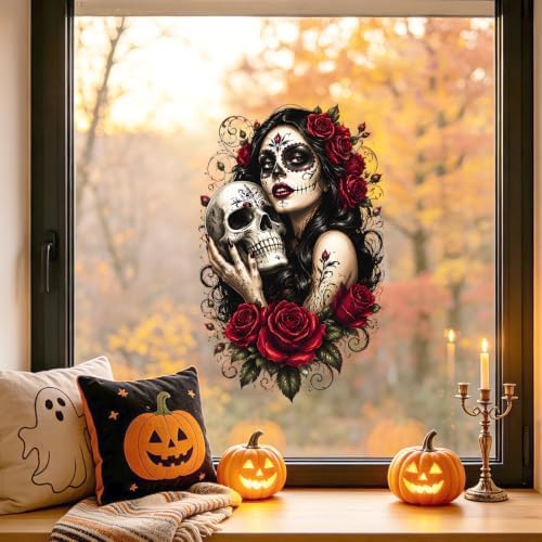 Sugar Skull Woman Wall Decals Peel and Stick Gothic Floral Wall Stickers, Day of the Dead Style Removable Vinyl Wall Decor, Rose Skull Wall Art for Bedroom Living Room Halloween Party Decorations - Image 4