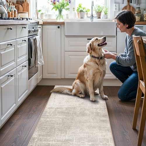 Washable 2x5 Kitchen Runner Rug: Abstract Water Resistant Sink Stove Entryway Rug Soft Living Room Bedroom Beside Carpet Thin Low Pile Non-Slip Hallway Bathroom Laundry Room Floor Mat(2X5,Beige/Cream) - Image 2