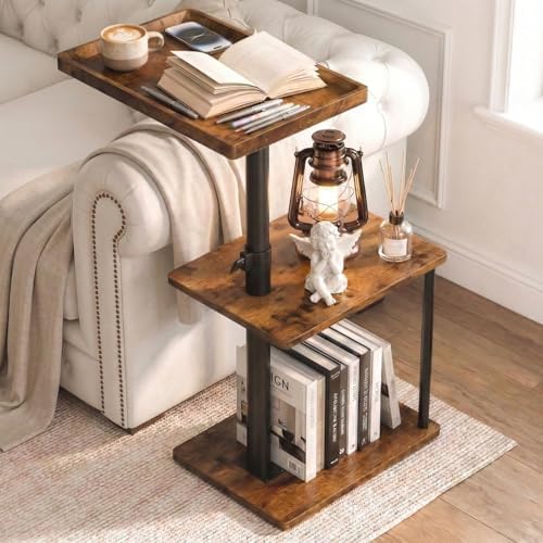 Faesun C Table End Table Adjustable Height, 360°Swivel TV Tray Table for Small Spaces, Small Nightstand for Living Room, Bedroom, Rustic by Faesun
