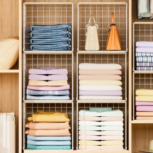 Hencawima 6 Pack Stackable Closet Organizer, Closet Organizers and Storage Shelves with Wood Tops, Metal Storage Bins for Closet Shelves, Sweater and Clothing Storage for Wardrobe, White - Image 2