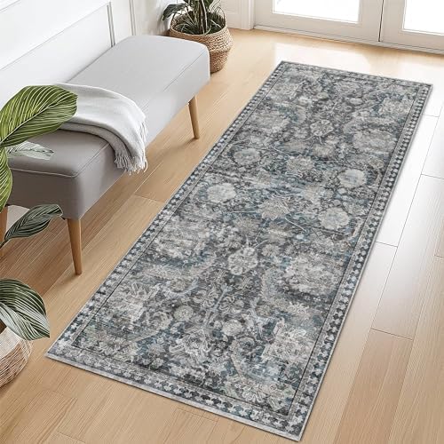 RUGSURE Washable Area Rugs - Perfect for Living Room, Bedroom, Kids Room, Nursery - Stain & Water Resistant Non-Slip, Pet & Child Friendly, Vintage Tribal Area Rugs (Grey and Bule, 2'6'' x 8') by RUGSURE