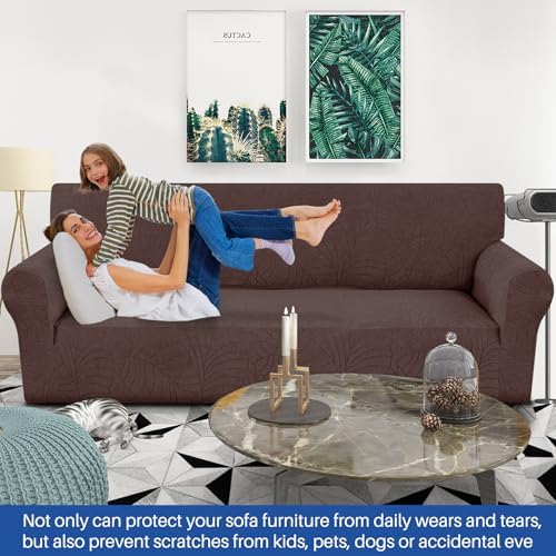 YEMYHOM Couch Cover Latest Jacquard Design High Stretch Extra Large Sofa Covers Pet Dog Cat Proof Oversized Slipcover Non Slip Magic Elastic Furniture Protector (X-Large, Begonia Leaf Coffee) - Image 2