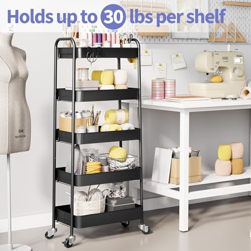 TOOLF 5-Tier Metal Rolling Cart with Wheels, Storage Utility Organizer Cart for Kitchen, Bathroom, Office, Baby Essentials & Makeup - Lockable Casters, Easy Assembly, Large Capacity, Black - Image 2