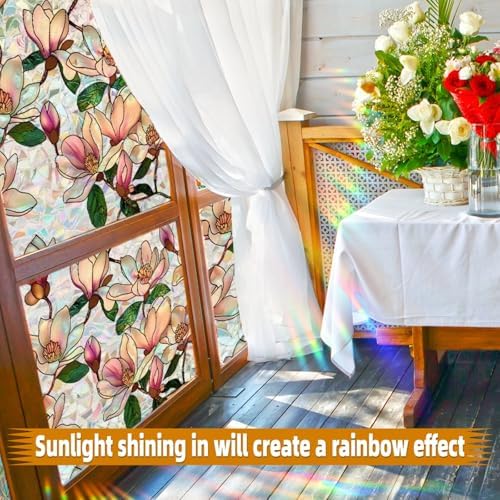 Retro Flowers Window Privacy Film, Magnolia Stained Glass Decorative Window Film for Glass, Rainbow Stained Window Cling Sticker Floral Removable Static Cling for Window (1, Magnolia, 17x78.7in) - Image 4