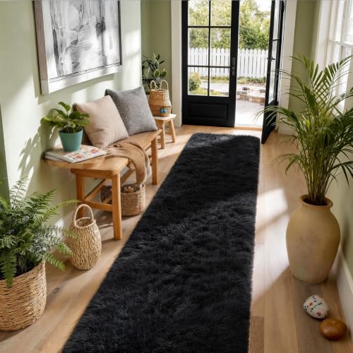 Ophanie Runner Rug for Hallway,2.5x12 Washable Non-Slip Fluffy Soft Bedside Rugs,Bedroom Living Room Shaggy Carpet for Kids Girls Boys Dorm Nursery Decor Aesthetic,Black with Over 99 pcs Pile fibers - Image 5