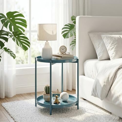 TeoKJ 2 Tier Round Side Table, Folding Round Metal End Table Small Nightstand with Two Removable Tray for Bedroom Living Room Bedside Small Spaces Blue Gray - Image 2