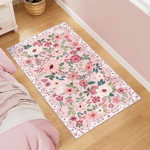 DUKINO 2x4 Entryway Rug, Floral Washable Kitchen Rugs Non Slip, Pink - Image 3