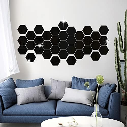RW-103 36 PCS Acrylic Mirror Wall Stickers Hexagon Mirror Wall Decals DIY Removable 3D Geometric Hexagon Mirror Art Setting Wall Decor for Bedroom Living Room Office Kitchen Home Decoration (Black) - Image 5