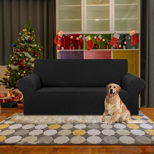 KEKUOU Stretch Loveseat Couch Cover, 2 Cushion Couch Slipcover,Black - Image 2