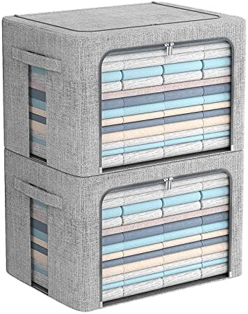 FHSQX 2 Pack Clear Window Storage Bins - Large Stackable Linen Fabric Storage for Clothes Foldable Container Organizer Set with Carrying Handles (Light Gray, 15.7x 11.8x 11.7 Inch) by FHSQX