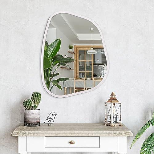 Irregular Oval Wall Mirror Large White 20"x16" Inches Asymmetrical Mirror Modern Wood Frame Unique Shape Wall Mounted Vanity Artistic Mirror Decor for Living Room Bedroom Bathroom Entryway - Image 4