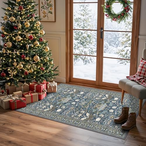 Washable 2x4 Entryway Area Rugs: Anti-Slip Thin Kitchen Carpet Indoor Light-Weight Doormat Ultra Soft Low Pile Nursery Room Rug Vintage Small Floor Mat for Hardwood Bedroom (2x4,Floral/Blue) by HYHAOYUNLAI