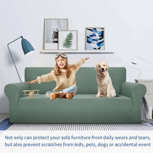 MAXIJIN Super Stretch Couch Cover for 3 Cushion Couch, 1-Piece Universal Sofa Covers Living Room Jacquard Spandex Furniture Protector Dogs Pet Friendly Fitted (Large, Pea Green) - Image 2