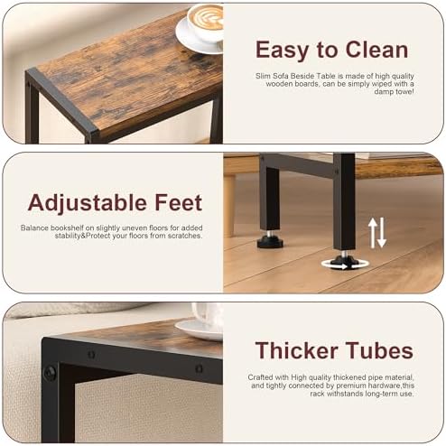 Narrow Side Table for Small Space, 2-Tier Slim End Table, Thin Nightstand, Skinny Snack Couch Table, Sofa Bedside Table in Living Room, Bedroom, Study, Kitchen and Balcony (Rustic Brown) - Image 5