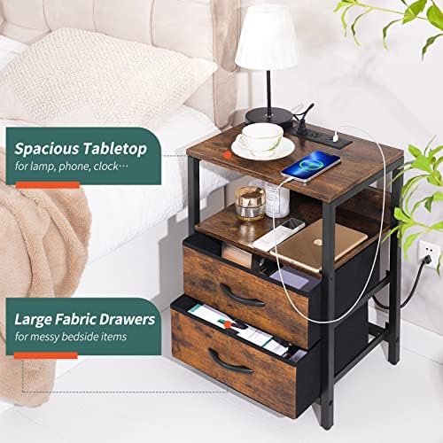 Yoobure Nightstand with Charging Station, Small Night Stand with Fabric Drawers and Storage Shelf for Bedrooms, Small Spaces, Bedside Table with USB Ports & Outlets - Image 6