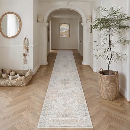 2'6x14 Washable Runner Rug Beige Grey Non Slip Vintage Carpet by WondRg