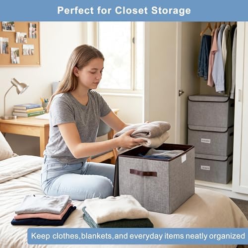 Bagnizer Large 22 Quart Linen Fabric Foldable Storage Bin Cube Organizer Basket with Flip-Top Lid & Handles, Clothes Blanket Box for Home, Office, Closet, Gray, 4 Pack 14.6 x 9.5 x 9.5” - Image 3